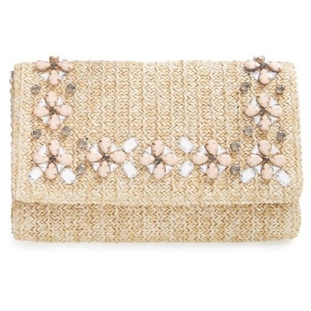 Glint Hand Beaded Straw Clutch Crossbody Bag With Silver Chain ~ Nordstrom NEW!